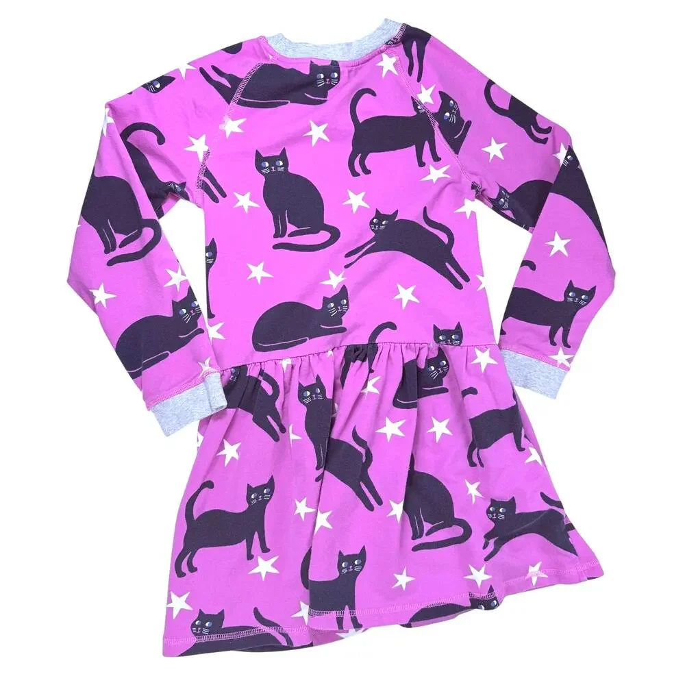 Mini Boden Girls Black Cat Print Cotton Dress in Pink Size 9-10